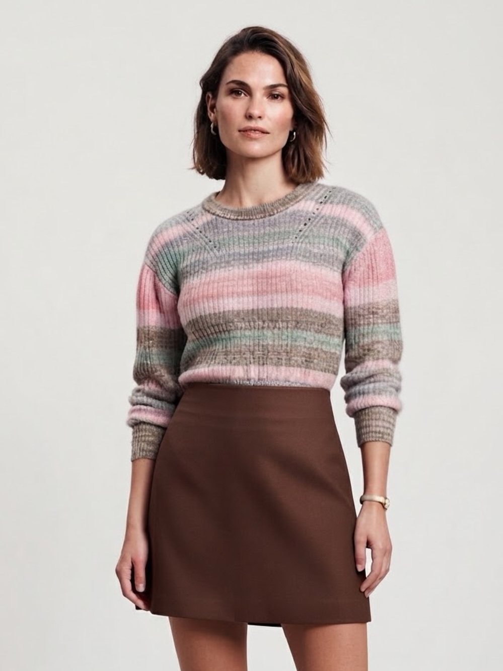 GAP Pastel Stripe Knit Crewneck Sweater - Pink Green Brown Multicolor MEDIUM